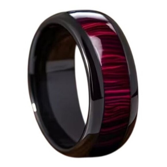 Tungsten Carbide Steel High Polished Red Marble Statement Wedding band - Picture 3 of 8